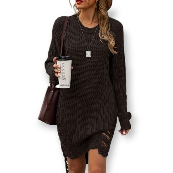 NWT Women Oversized Loose Long Pullover Sweater Dress Knit Ripped Dustress - Picture 1 of 7